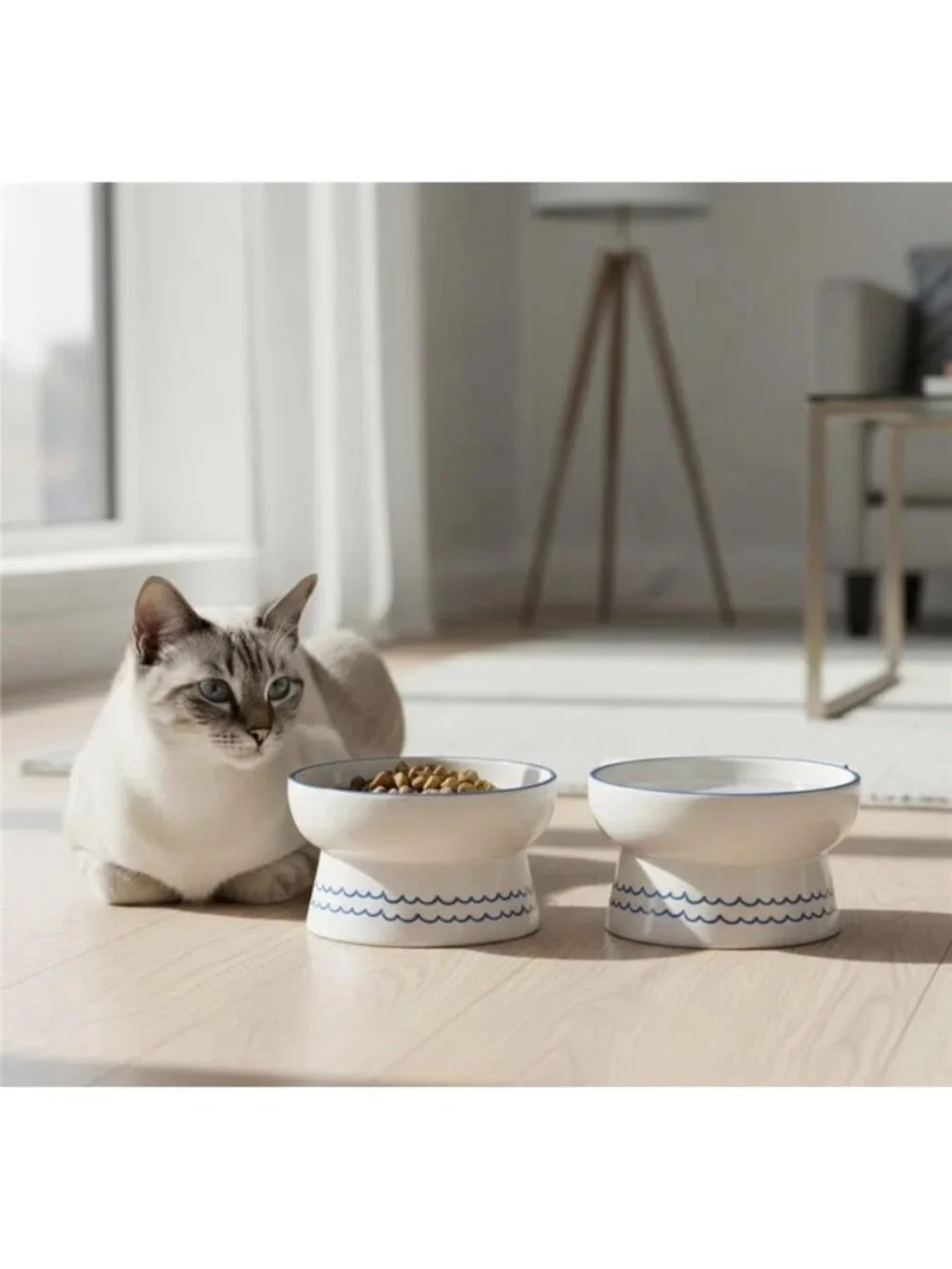 10 Strawberry Street Ears Up Elevated Cat Bowl, White Blue, 7-oz New